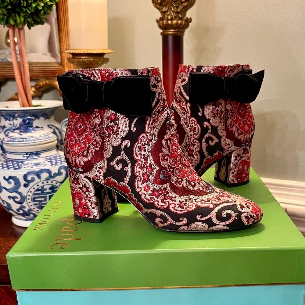 Eeuc Kate Spade Ny Holly Red Black Gray Brocade Booties Boots With Bow Size 6.5